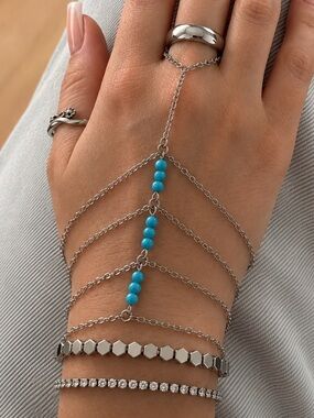 3/$40! Platinum Plated Blue Bead Hand Chain – Minimalist Dainty Slave Bracelet